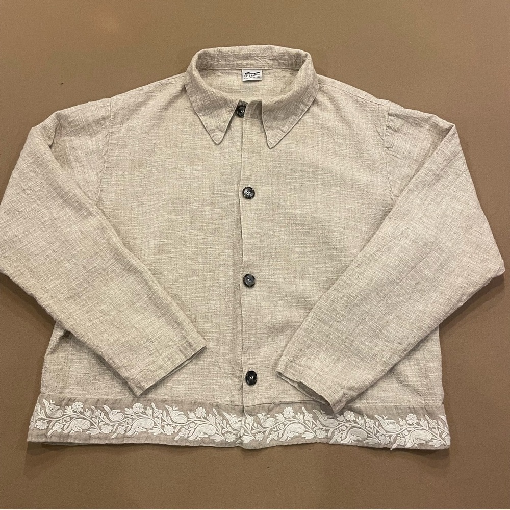 CP Shades Linen Shirt Jacket With Floral Embroidered Trim Size Large